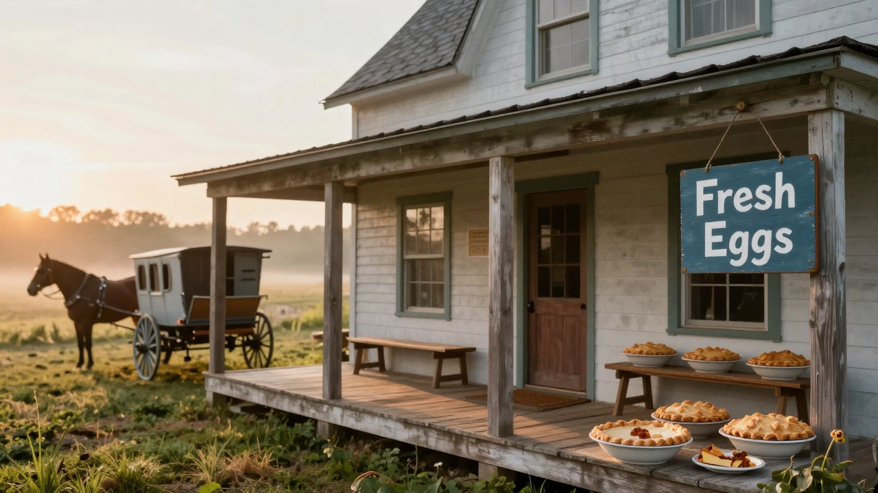 Amish farmhouse porch with fresh pies and horse-drawn buggy at sunrise