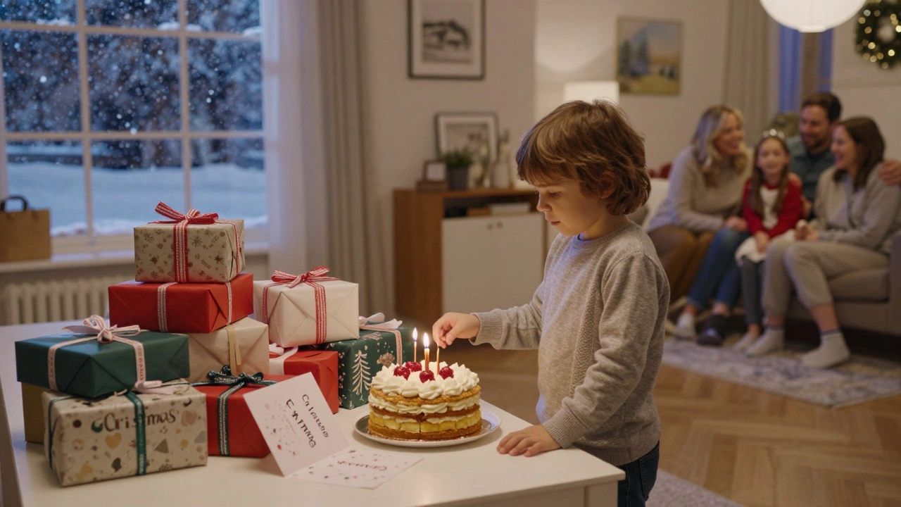 Child staring at a small birthday cake beside piles of Christmas gifts in a cozy living room.