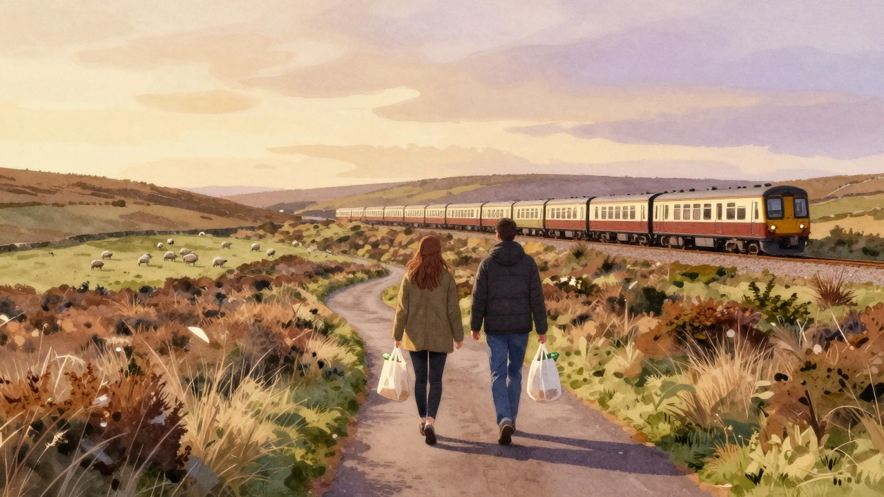 Couple walking a scenic trail in the North York Moors with groceries and a distant train.