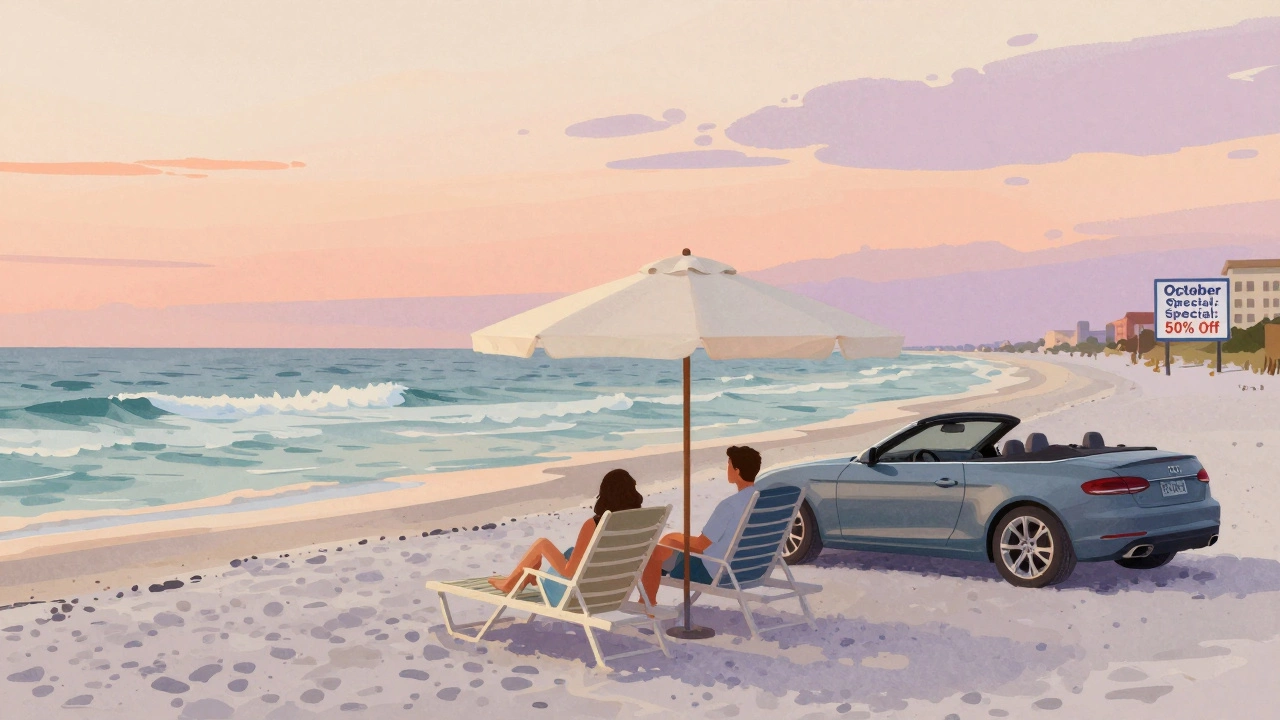 Couple watching a sunset on an empty Clearwater beach with a rented car and discounted condo sign in distance.