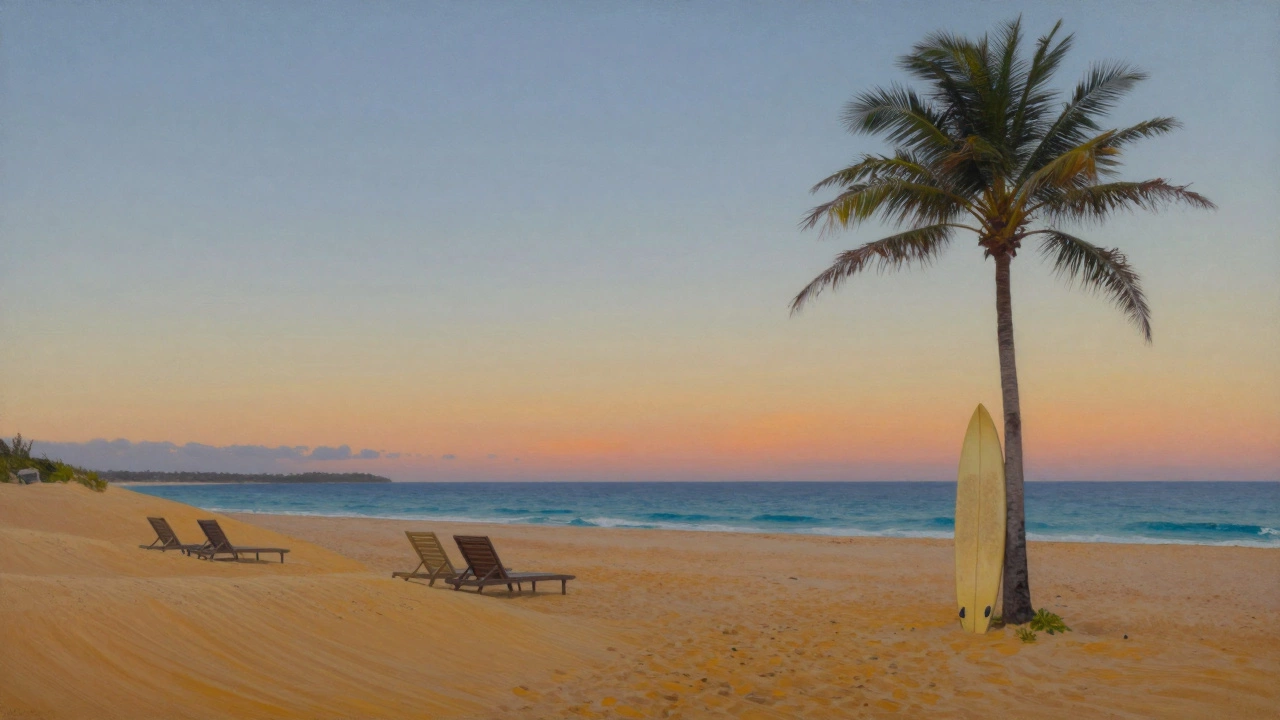 Empty Australian beach at sunset with surfboard and sun loungers, peaceful and serene.