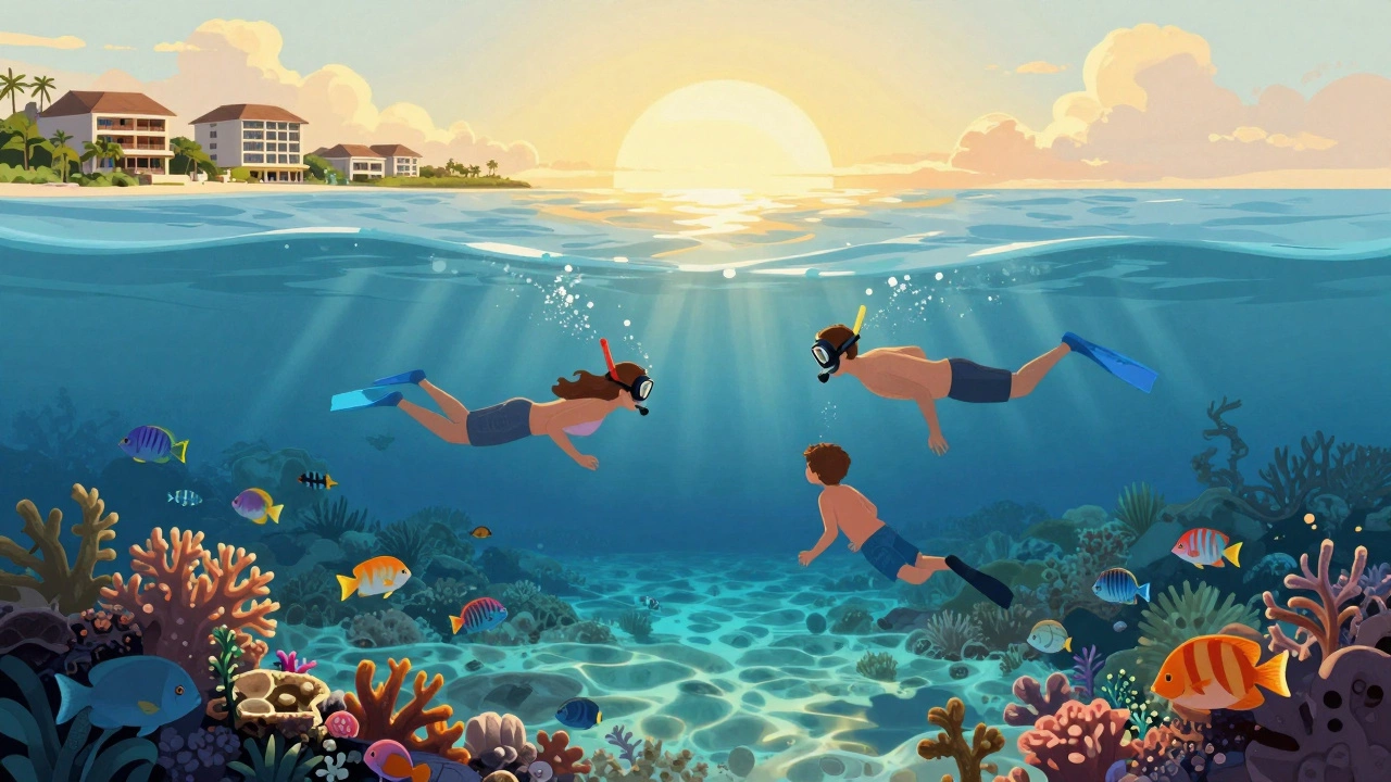 Family snorkeling in calm Caribbean waters with vibrant coral and no crowds.