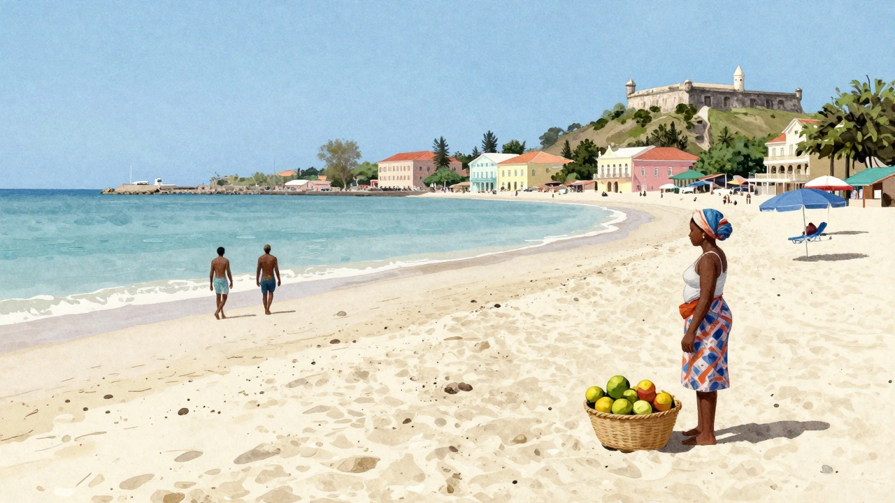 Grenada&#039;s Grand Anse Beach with calm waves, a local fruit vendor, and no crowds under a bright sky.