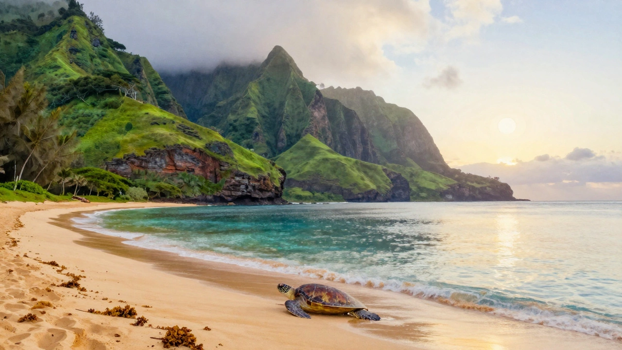 Hanalei Bay with green cliffs and calm ocean at sunrise, featuring a sea turtle in the water.