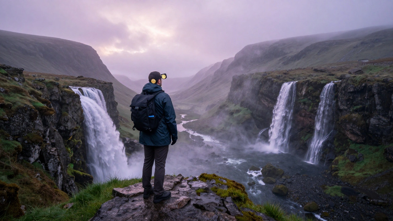 Hiker on a misty cliff overlooking a waterfall in the Lake District at dawn