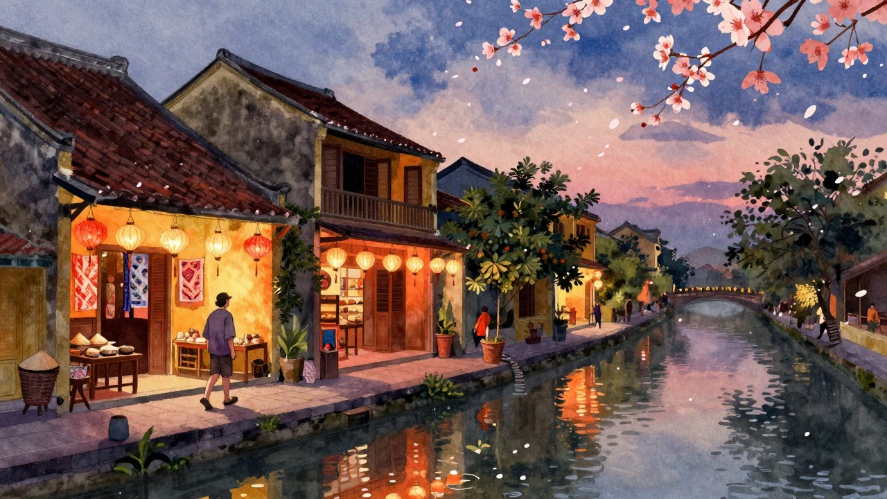 Hoi An, Vietnam at dusk with glowing lanterns and reflections in a calm canal.