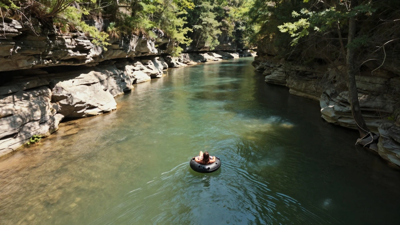 Person floating down a clear river in the Ozarks on an inner tube surrounded by cliffs