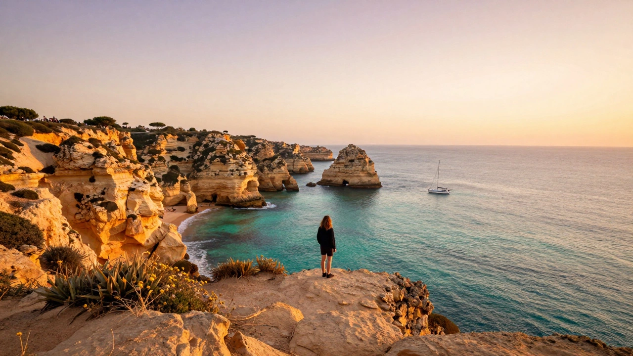 Secluded Algarve cliff overlooking turquoise cove at golden hour with no tourists.