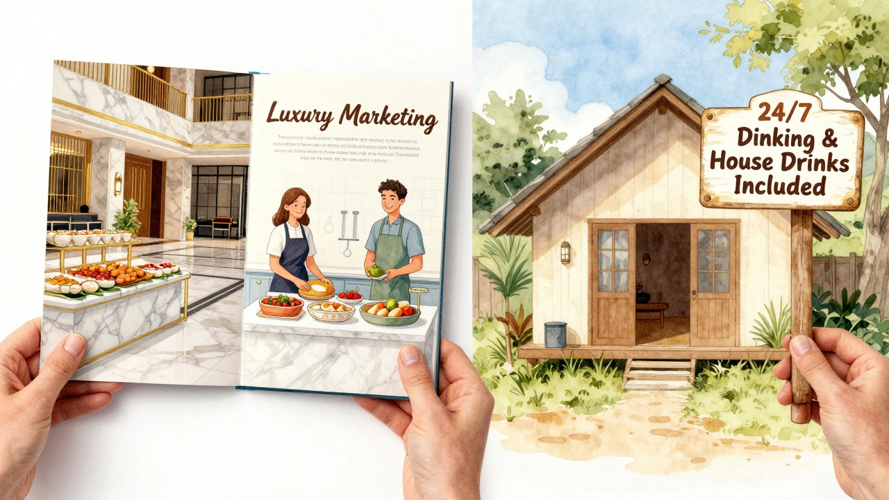 Side-by-side comparison of two resort brochures showing luxury marketing vs. true all-inclusive value with identical food offerings.