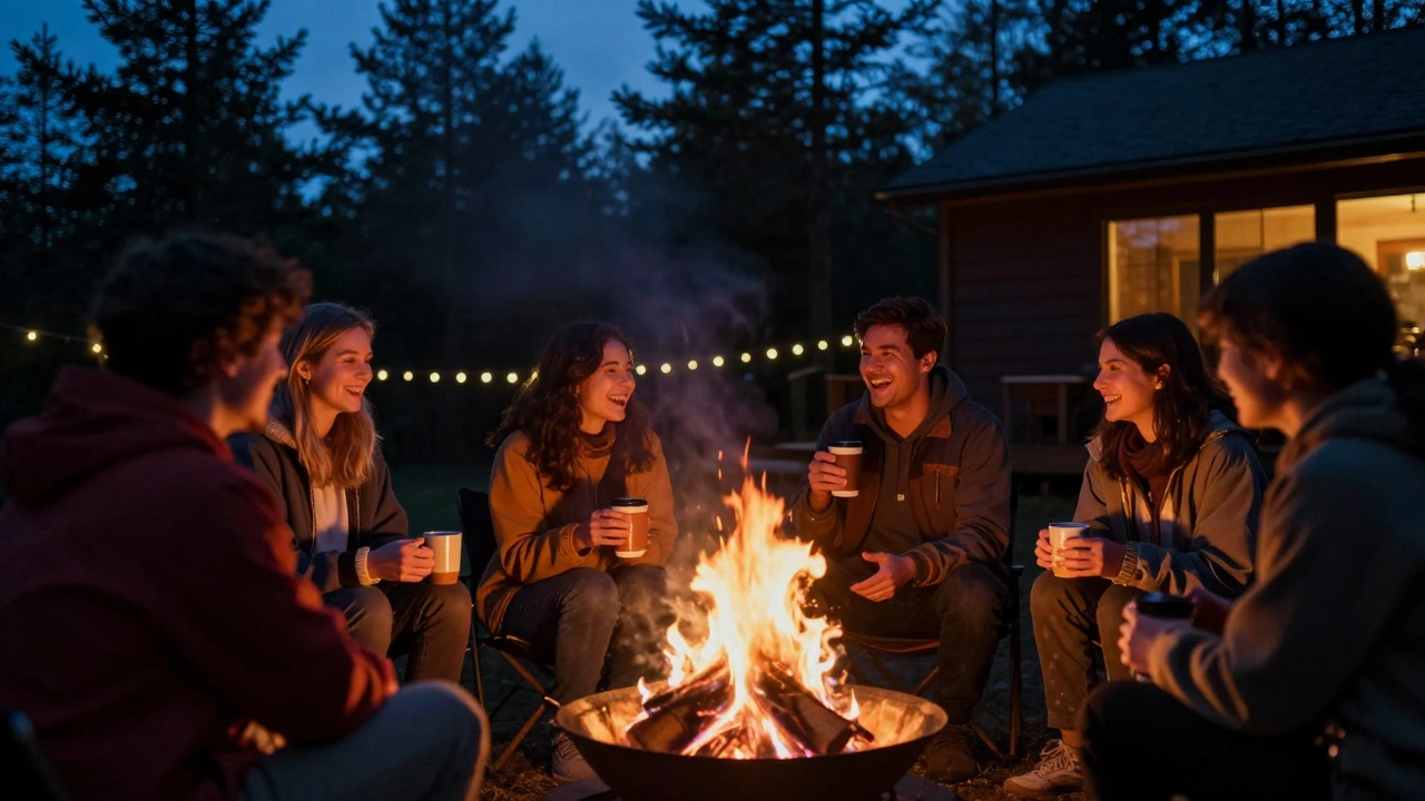 Singles gathered around a bonfire at a rustic cabin retreat at dusk.