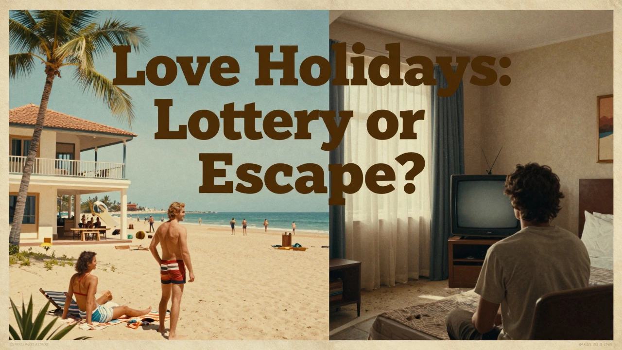 Split-image travel poster showing ideal vacation vs. disappointing reality.