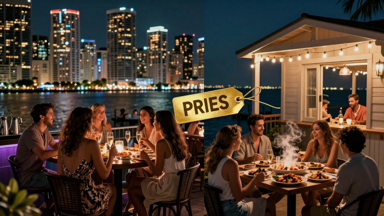 Split image: vibrant Miami nightlife vs quiet Naples seafood shack