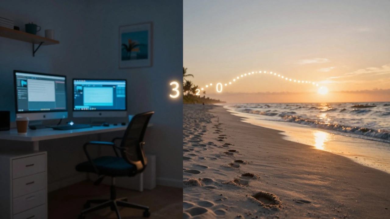 Split-screen: a stressful office on one side, a peaceful beach on the other, connected by fading vacation days.