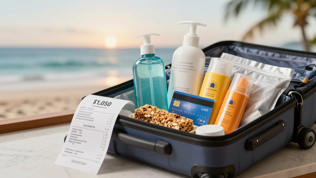 Suitcase filled with reusable toiletries and snacks on a resort counter next to a low-cost all-inclusive booking receipt.
