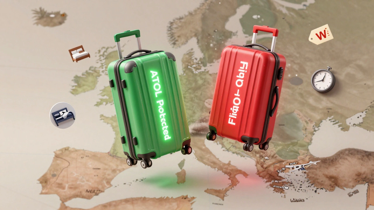 Suitcase split between protected and unprotected travel, floating over European destinations.