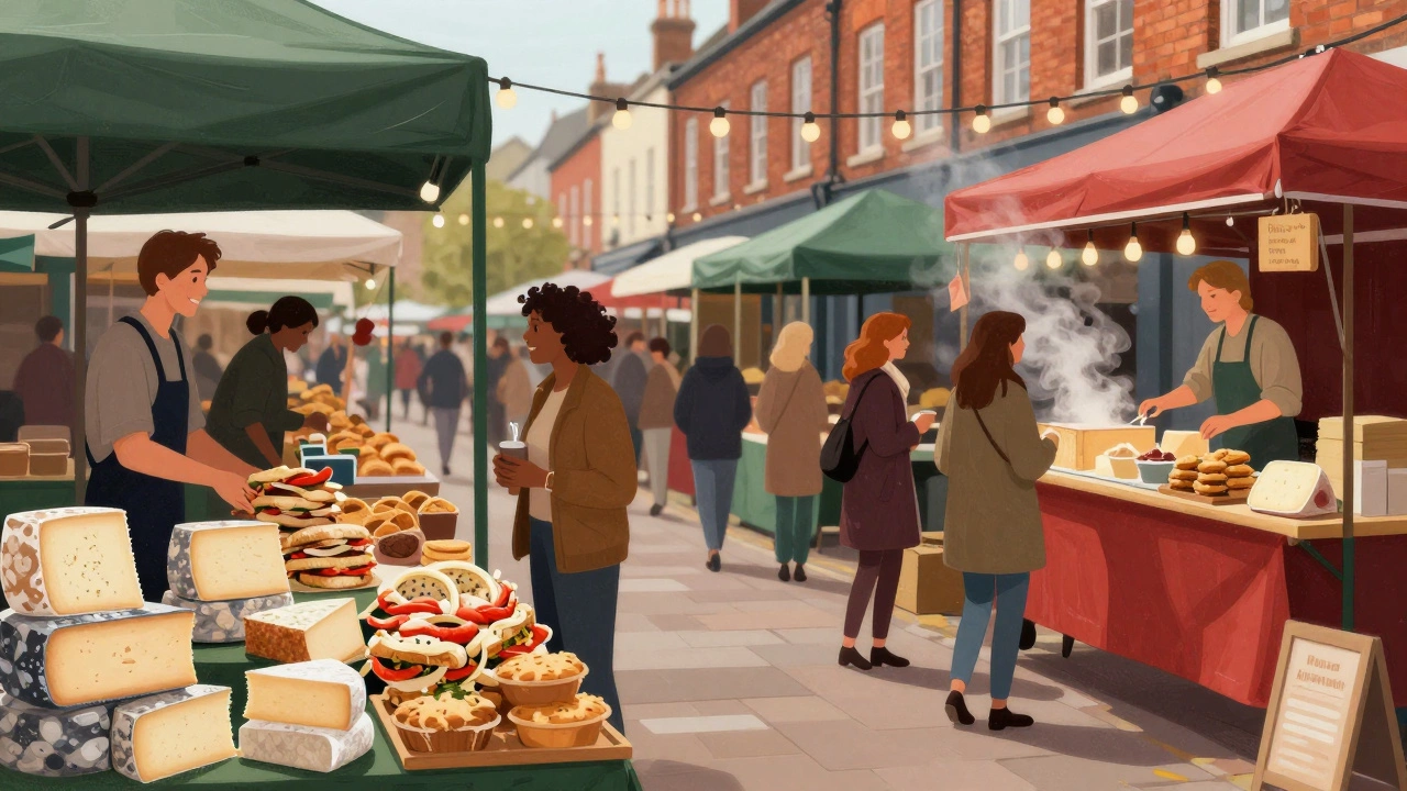Vibrant local market with fresh food stalls and smiling vendors in Bristol