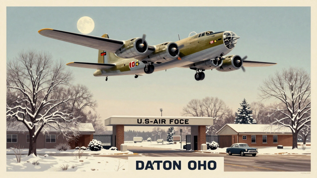 Vintage-style poster of U.S. Air Force Museum in Dayton with aircraft soaring over snowy landscape.