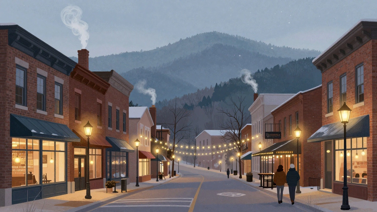 Winter street in Asheville with lit boutiques, mountains in background, couple walking under string lights.