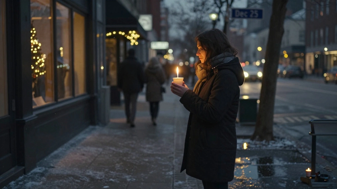 Woman holding a single birthday candle on a snowy street, Christmas lights glowing in the distance.