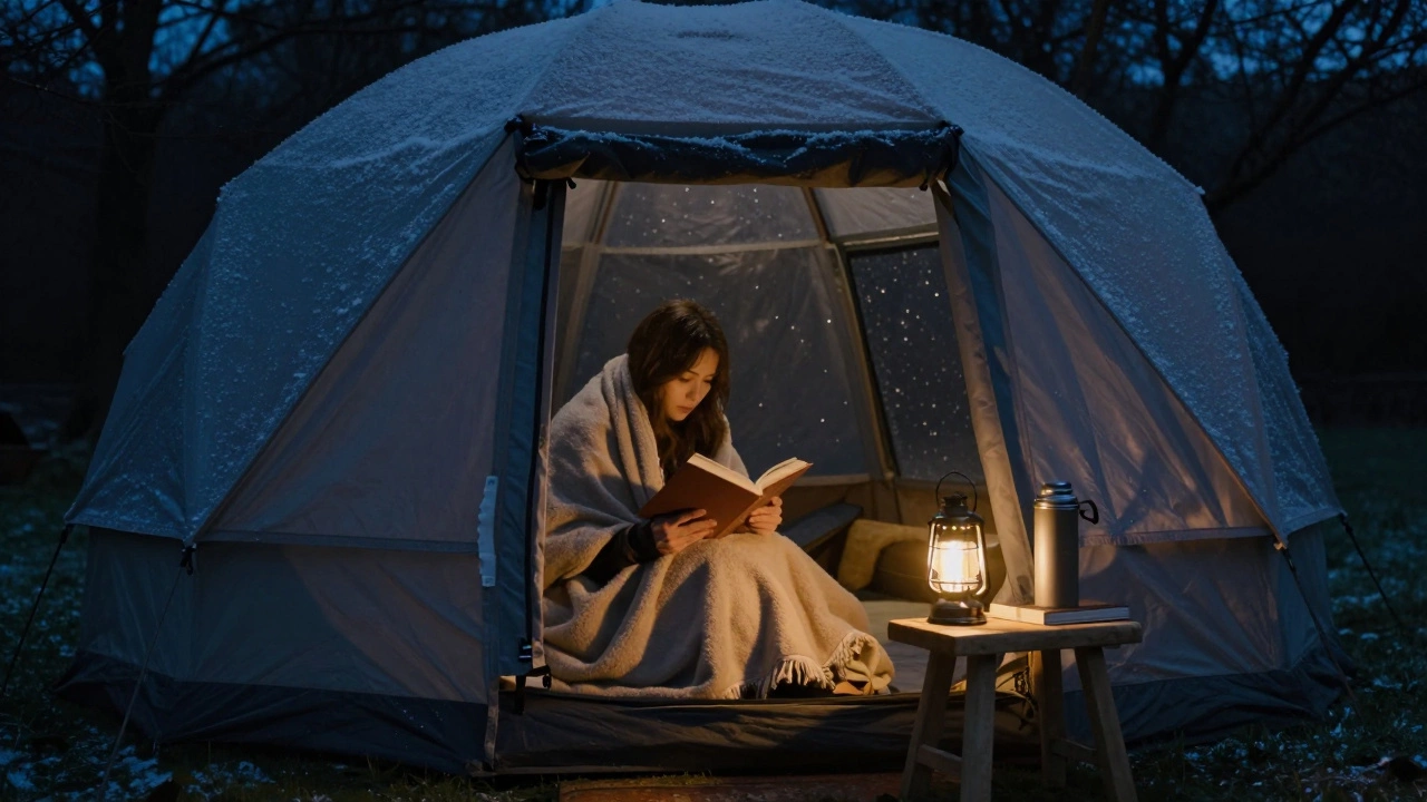 Woman reading in a glamping pod at night under a lantern, snow on the tent roof, stars above.