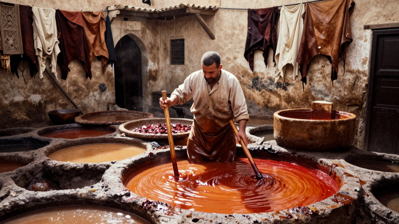 A Moroccan tanner works in a traditional dye pit, leather hanging in the narrow Fes medina alley.