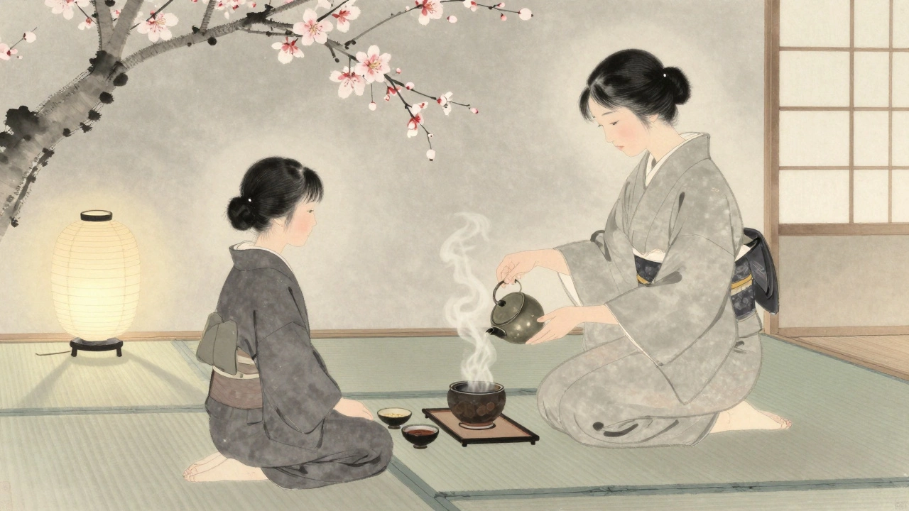 A serene Japanese tea ceremony in a quiet room with soft light and cherry blossoms.
