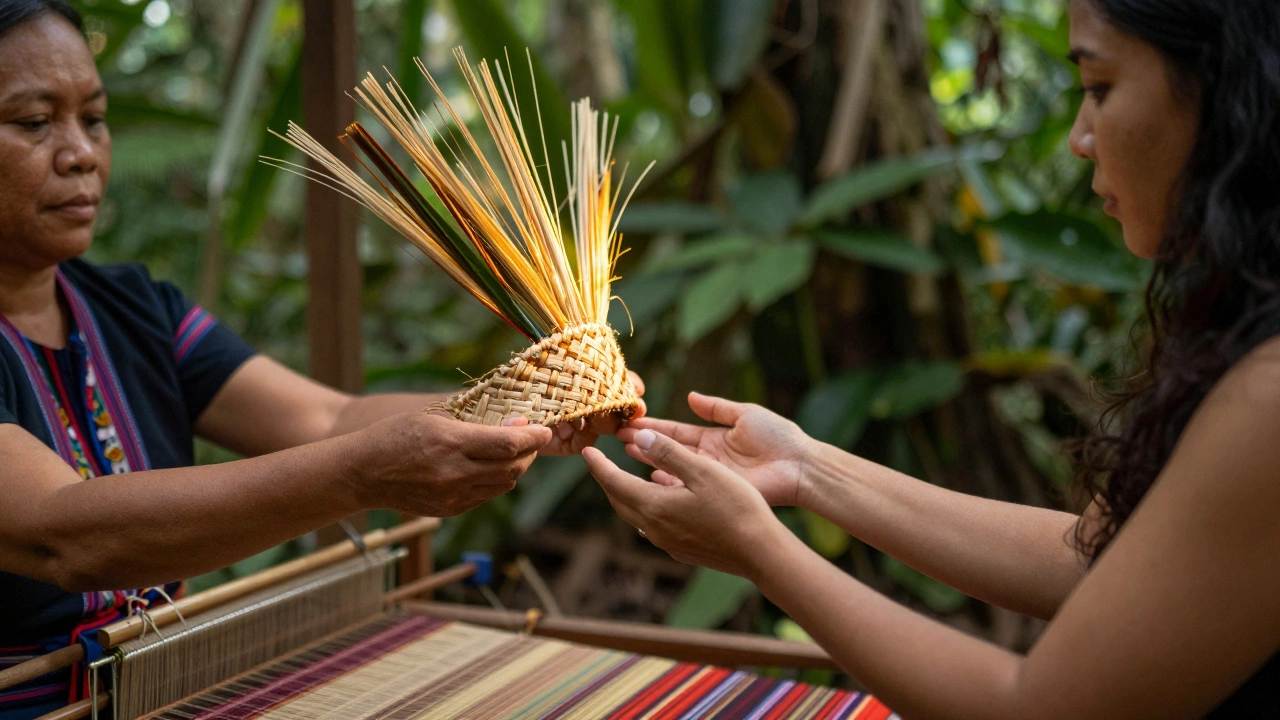 A T’boli weaver gives a handwoven headdress to a visitor, symbolizing cultural exchange.