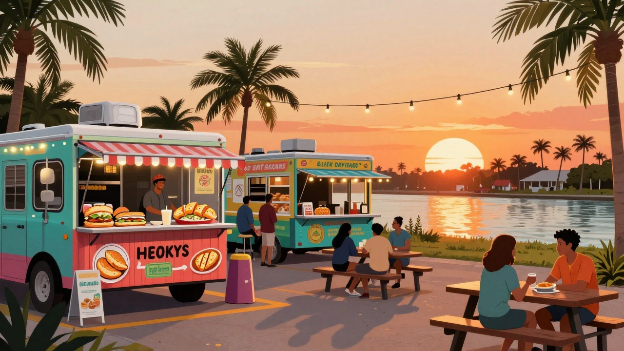Colorful food trucks at sunset in Fort Lauderdale with people enjoying meals outdoors.