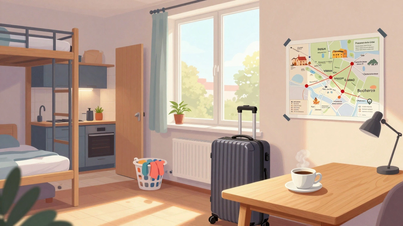 Cozy private hostel room in Berlin with carry-on, coffee, and travel map at dawn.