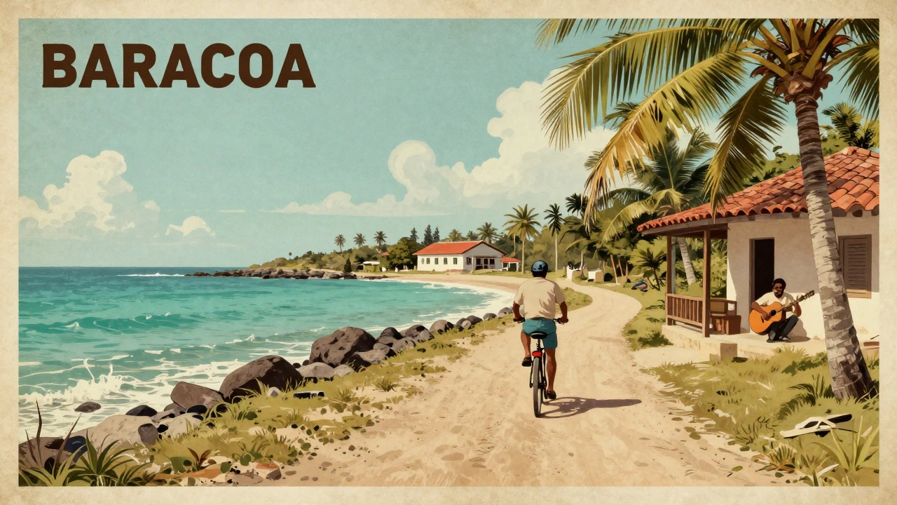 Cyclist riding along a Cuban coastal path past a local homestay and guitar player under palm trees.