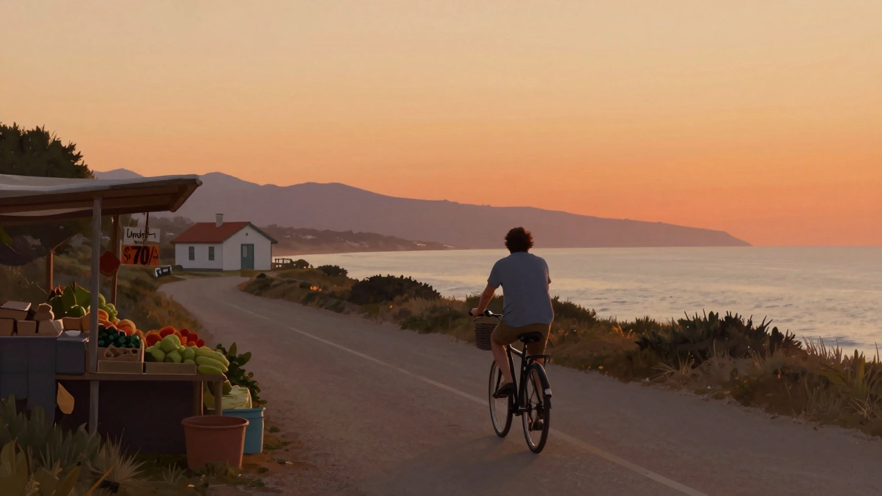 Cyclist riding coastal path in Portugal at sunset past local market and cabin rental.