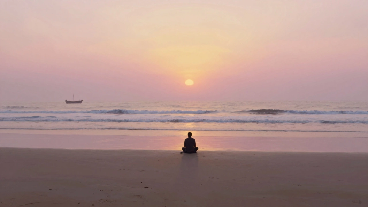 Endless empty beach at dawn in Cox’s Bazar, Bangladesh, with a solitary figure watching the sunrise.