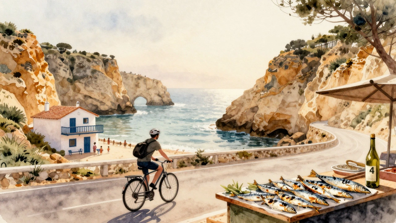 Golden cliffs of Portugal’s Algarve with a guesthouse and cyclist on a peaceful coastal road.