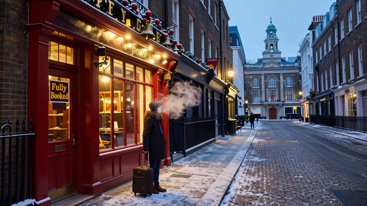Lonely traveler outside a fully booked London hotel on Christmas Day with snow and warm lights.