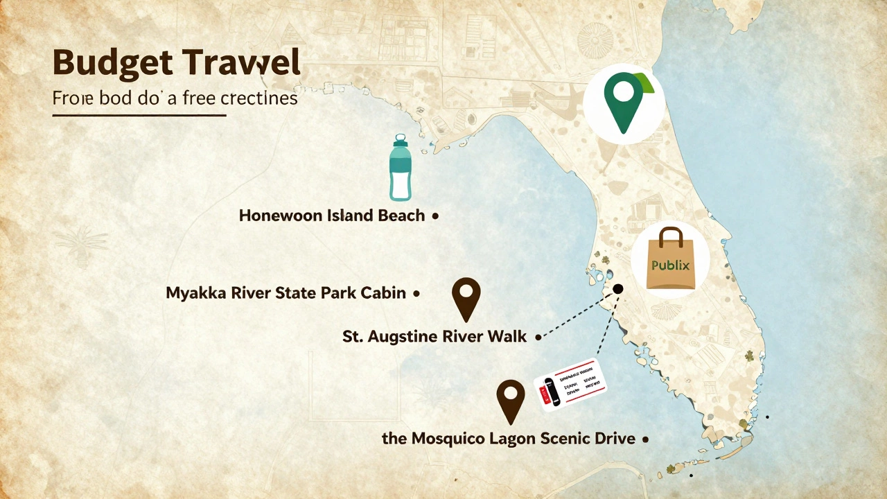 Map of Florida highlighting free attractions with icons for savings and nature.