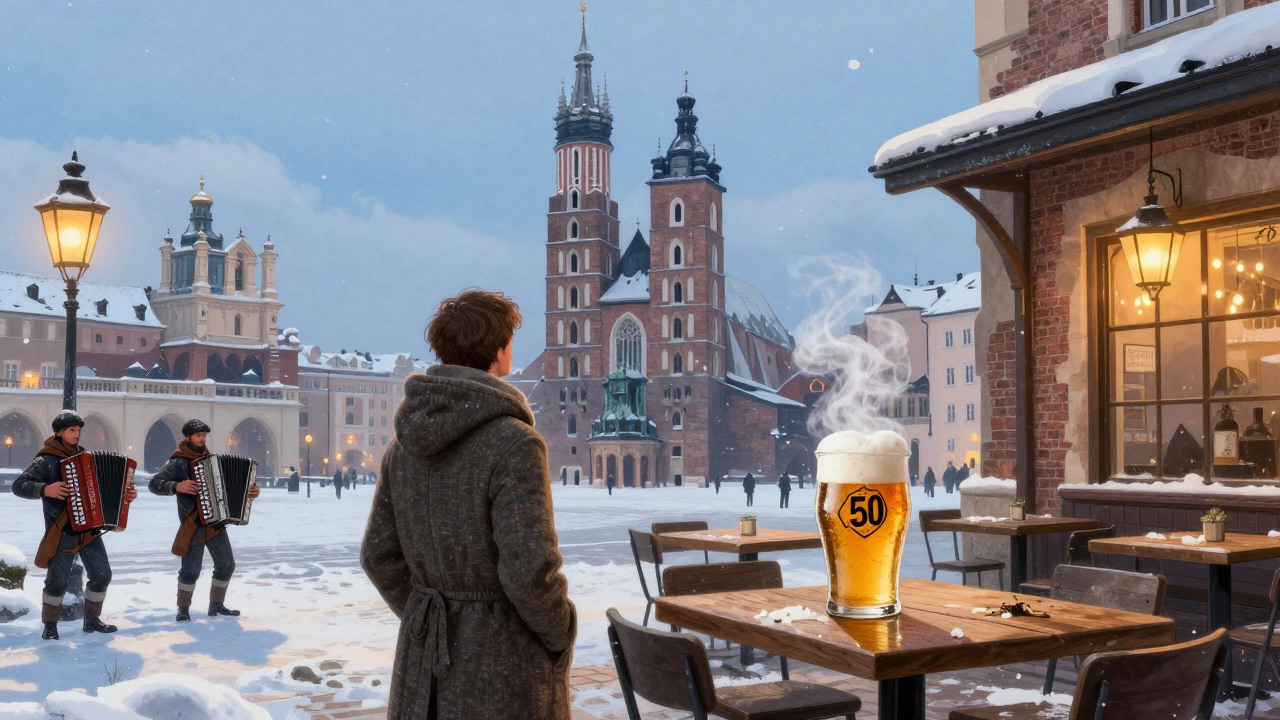 Snow-covered Kraków Old Town with Wawel Castle and a traveler sipping local beer.