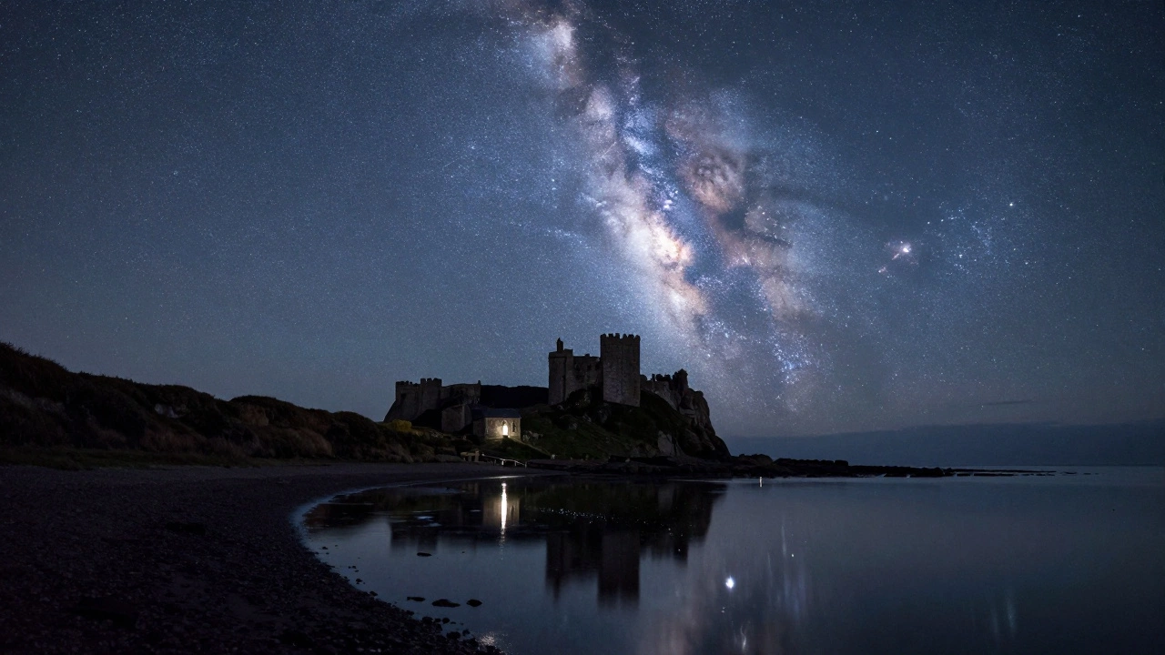 The Milky Way reflected in the sea beside Bamburgh Castle under a dark Northumberland sky.