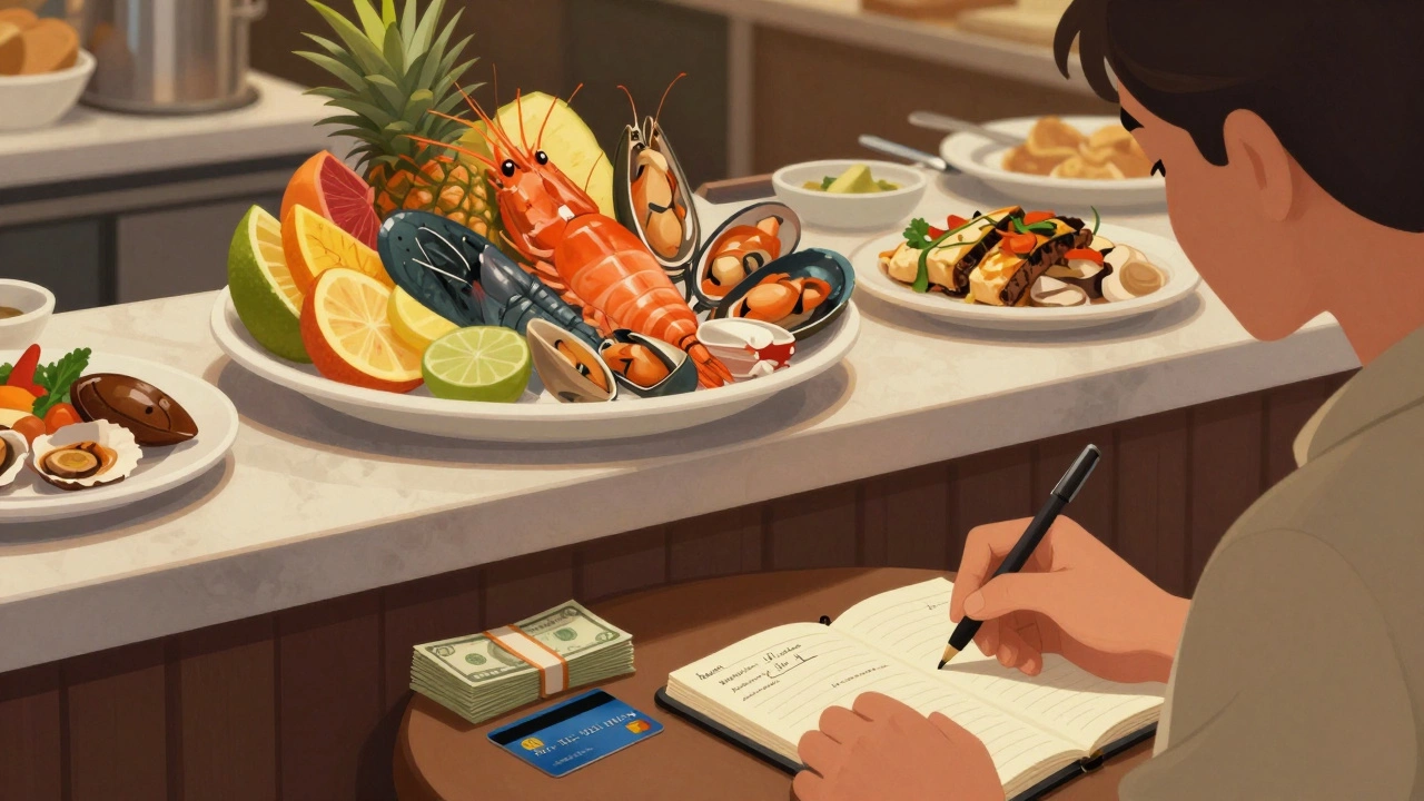 Traveler at a buffet with cash and notebook showing daily spending tracking