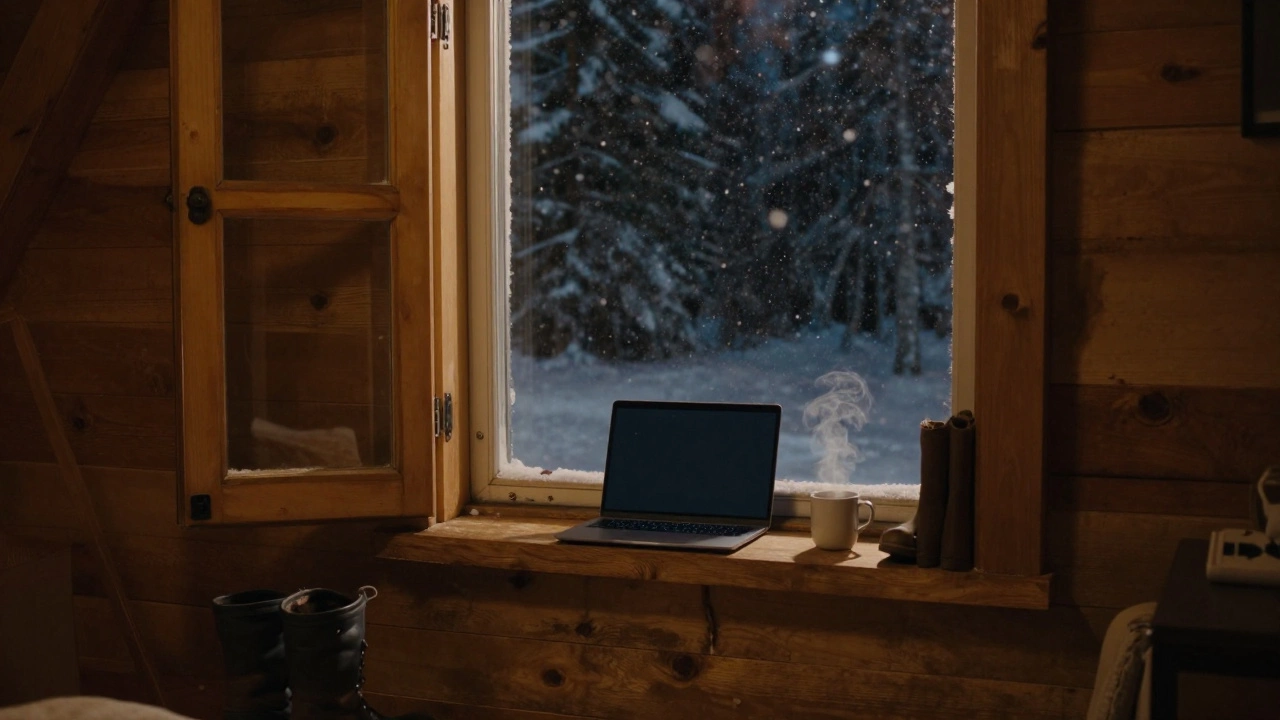 A cozy cabin at night with a dark laptop, mug, and boots — no work, just rest.
