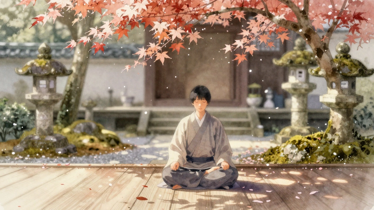 A person sitting in peaceful stillness in a small Tokyo temple garden, surrounded by falling petals.