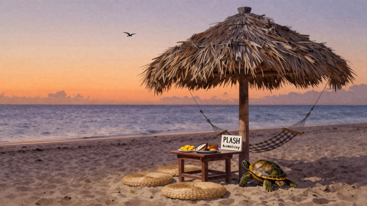 A quiet beachside palapa at dusk with simple food and a hand-carved wooden turtle, no crowds or modern amenities.