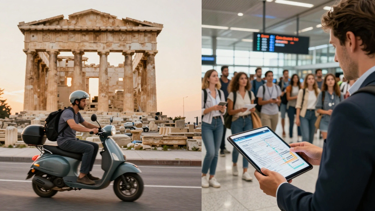 A solo traveler rides a scooter past ancient ruins while another woman receives an itinerary at an airport — contrasting travel styles.