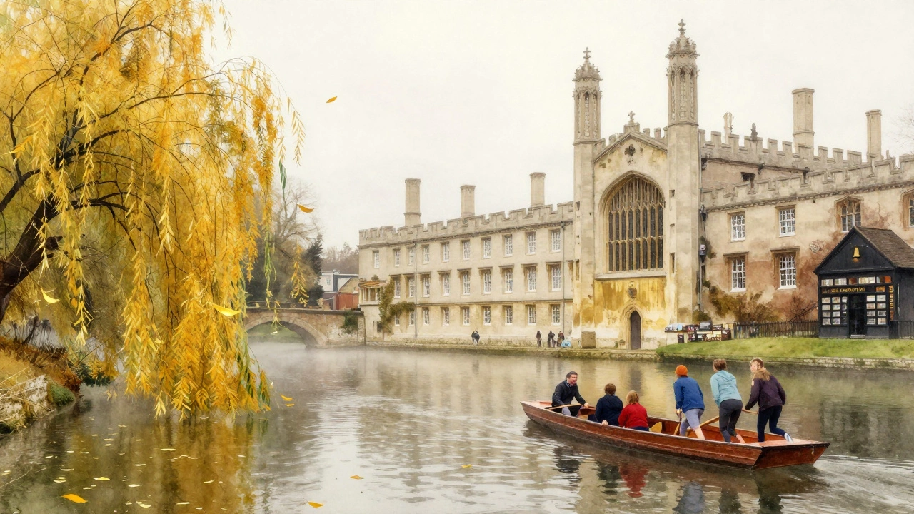 Cambridge Backs in autumn with golden leaves, a punt on the river, and quiet college buildings.