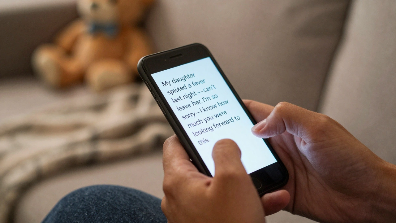Close-up of a smartphone showing a sincere text message about a sick child and an apology.