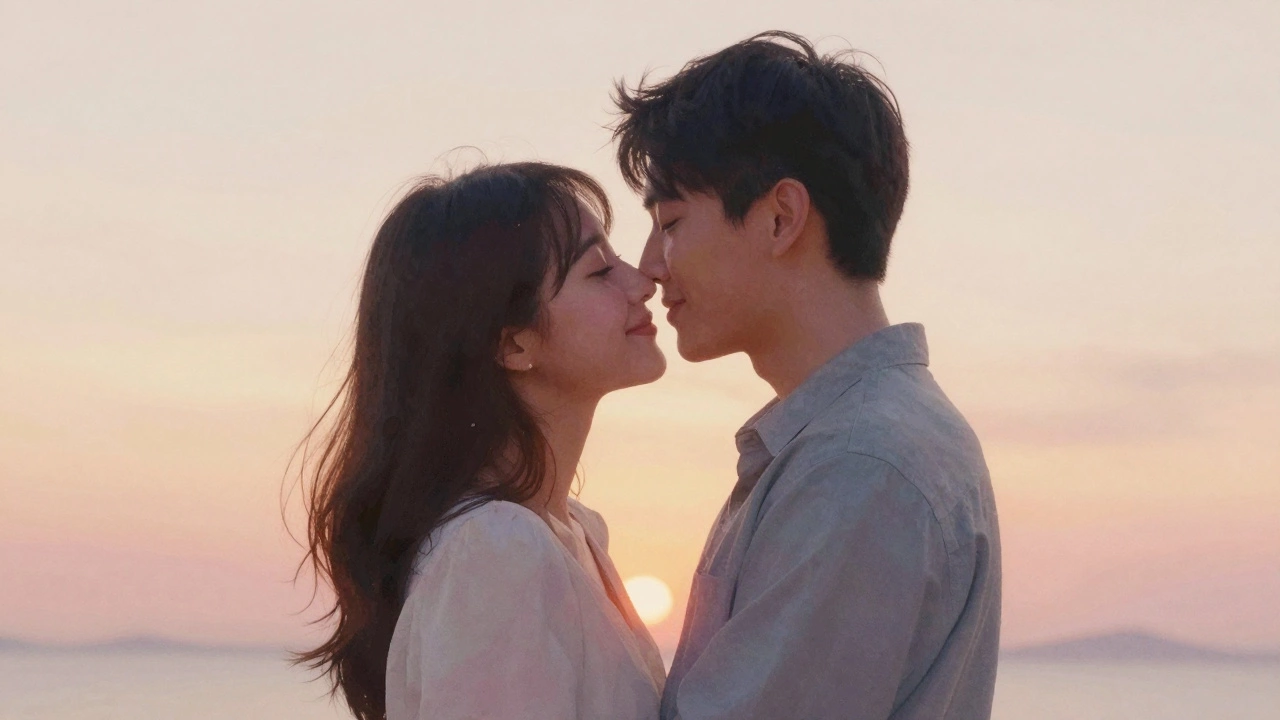 Couple embracing after a kiss with soft sunset glow and gentle smiles.