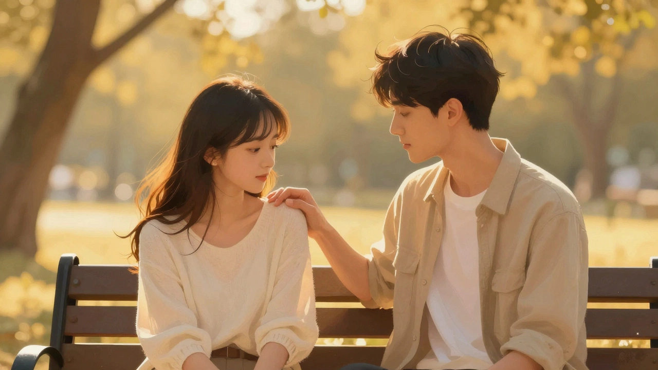 Couple on park bench during sunset with gentle shoulder touch and hand-holding.