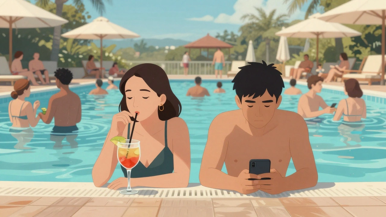 Couple sitting alone at a crowded resort pool, looking disengaged amid other guests