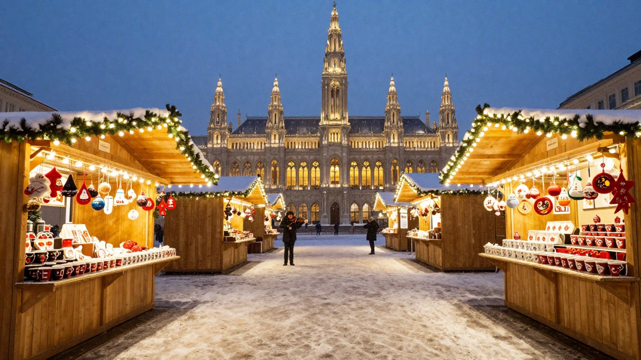 Empty Christmas market in Vienna at night with snow, lights, and distant violinist.