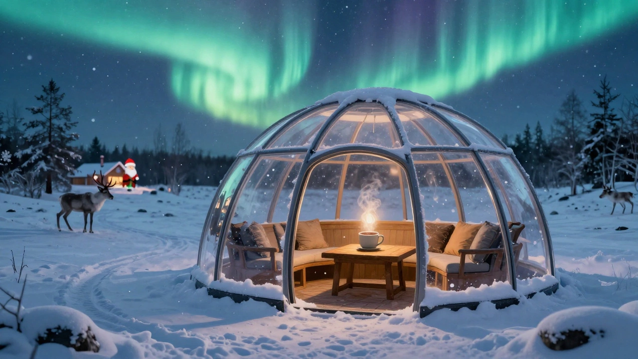 Glass igloo in Lapland under glowing Northern Lights with hot chocolate inside.