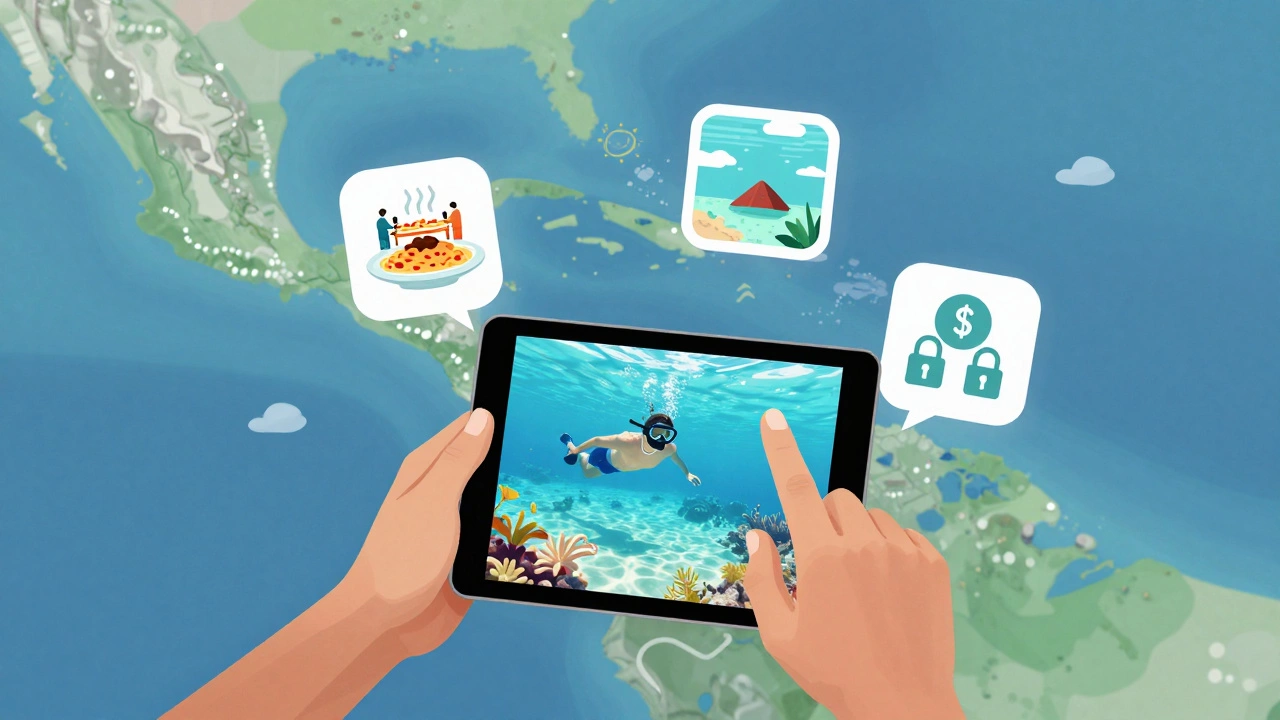 Traveler comparing resort options with floating icons representing food, activities, and hidden fees.